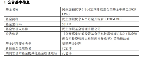 >民生加银基金2只混基增聘基金经理代宏坤