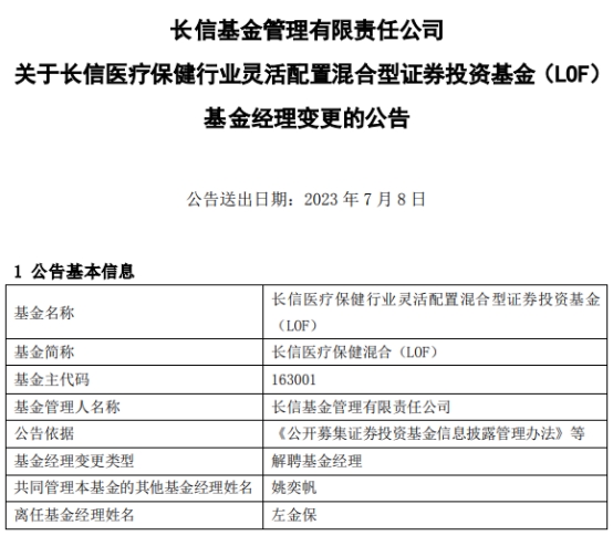 左金保离任长信医疗保健混合