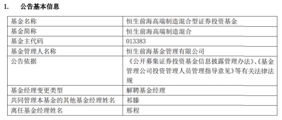 >邢程离任恒生前海高端制造混合