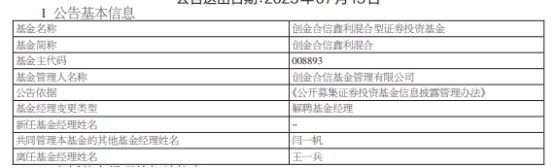 >王一兵离任创金合信鑫利混合