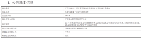 >汇安恒鑫12个月定开纯债债券增聘王作舟 张昆离任