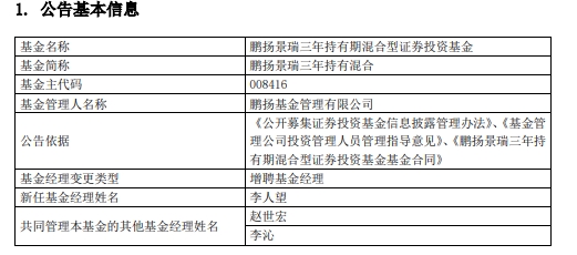 >鹏扬景瑞三年持有混合增聘基金经理李人望