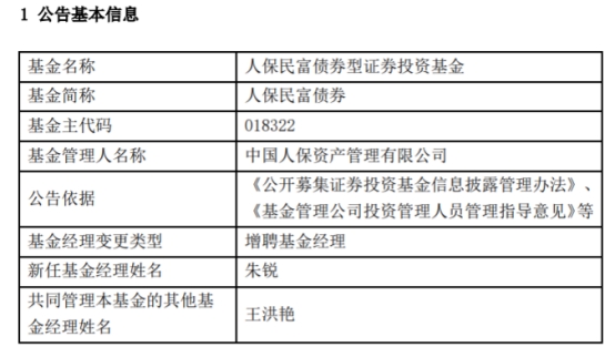 >人保民富债券增聘基金经理朱锐