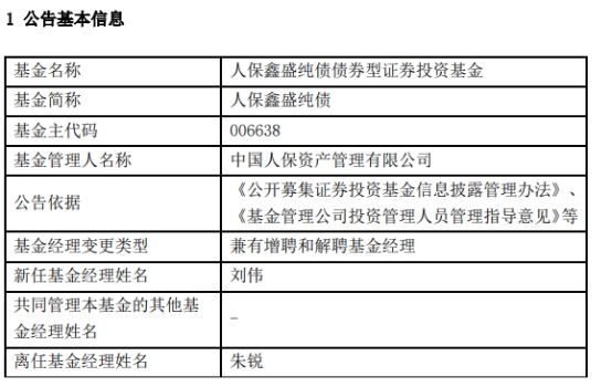 >人保鑫盛纯债增聘基金经理刘伟 朱锐离任