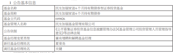 民生加银两只基金增聘基金经理夏荣尧 关键离任