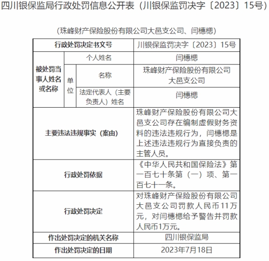 珠峰保险大邑支公司违法被罚 编制虚假财务资料