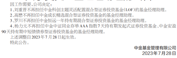 >中金基金旗下5只基金变更基金经理助理