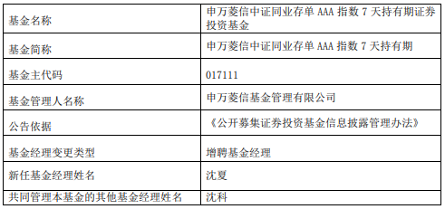 >申万菱信中证同业存单AAA指数7天增聘基金经理沈夏