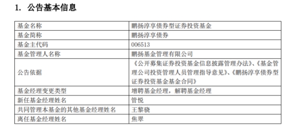 >鹏扬淳享债券增聘基金经理管悦 焦翠离任