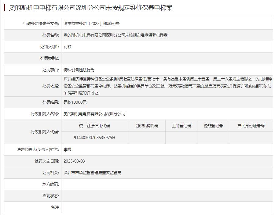 奥的斯电梯深圳分公司违法被罚 未按规定维修保养电梯