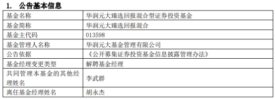 >华润元大基金胡永杰离任4只基金