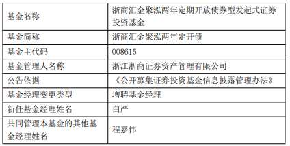 >浙商汇金聚泓两年定开债增聘基金经理白严