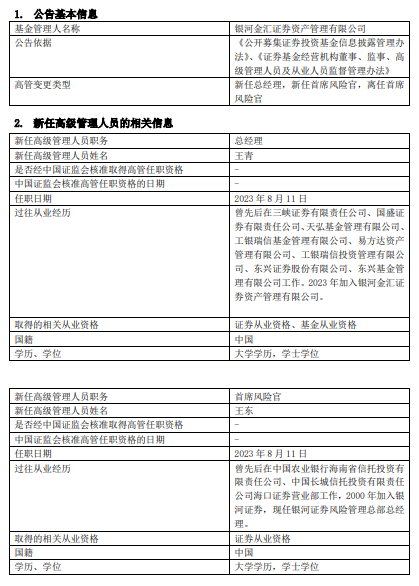 >银河金汇任命王青为总经理王东为首席风险官