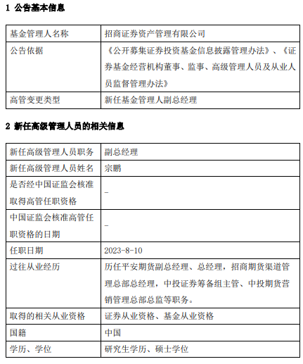 招商证券资管任命宗鹏为副总经理