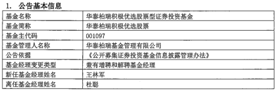 华泰柏瑞积极优选股票增聘基金经理王林军 杜聪离任