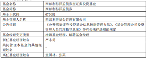 >西部利得祥盈债券增聘基金经理严志勇