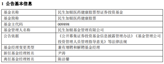 >民生加银医药健康股票增聘基金经理尹涛 陈洁馨离任