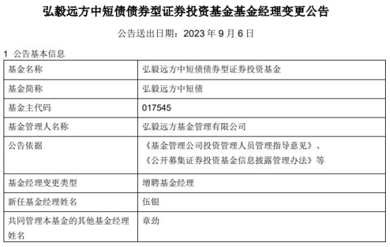 >弘毅远方基金2只基金增聘基金经理伍银