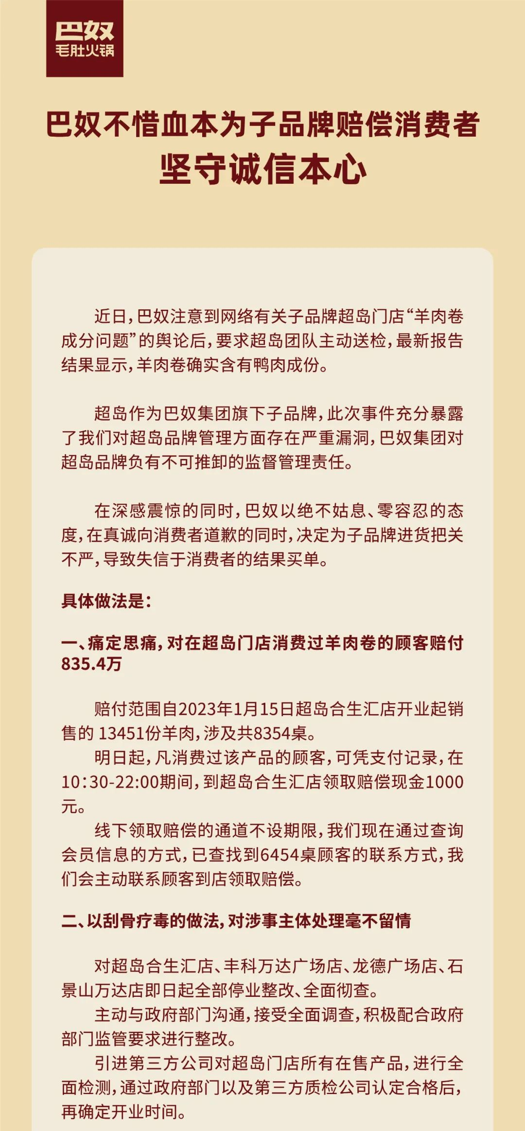 知名餐饮品牌承认了：羊肉卷确实有鸭肉成份！将赔给顾客835万元