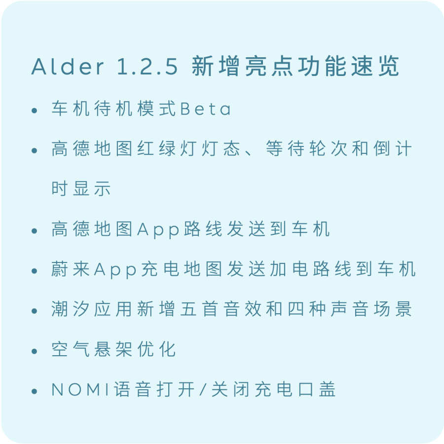 蔚来推送Aspen 3.4.5及Alder 1.2.5车机系统更新，空悬底盘优化