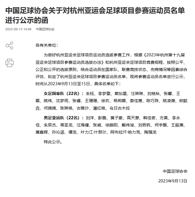 足协公布亚运会足球参赛运动员名单