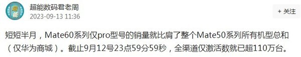 曝华为Mate60 Pro激活数已超110万台！遥遥领先