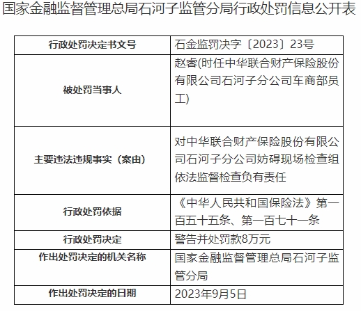 中华财险石河子分公司涉9罚单 妨碍现场检查组检查等