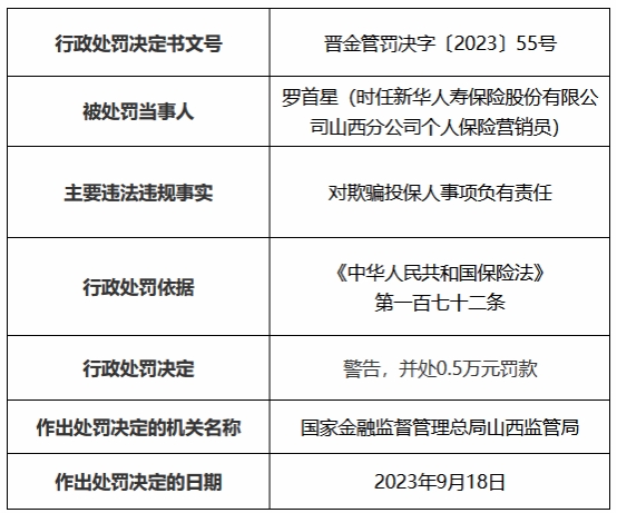 新华保险太原市迎泽支公司被罚 欺骗投保人