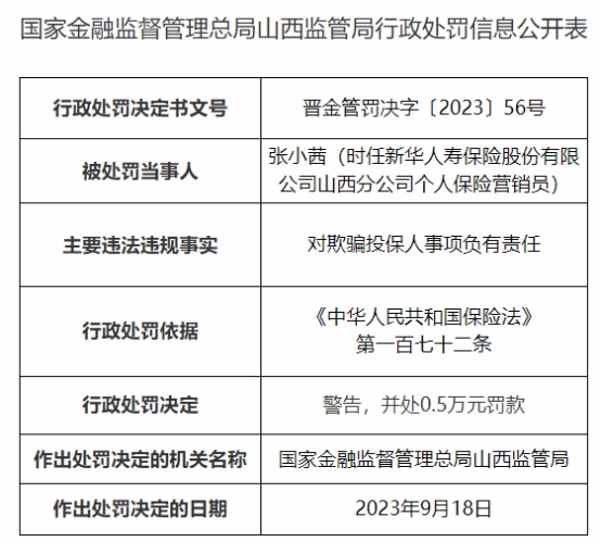 新华保险太原中支被罚 欺骗投保人编制虚假财务资料