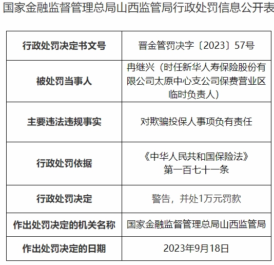 新华保险太原中支被罚 欺骗投保人编制虚假财务资料