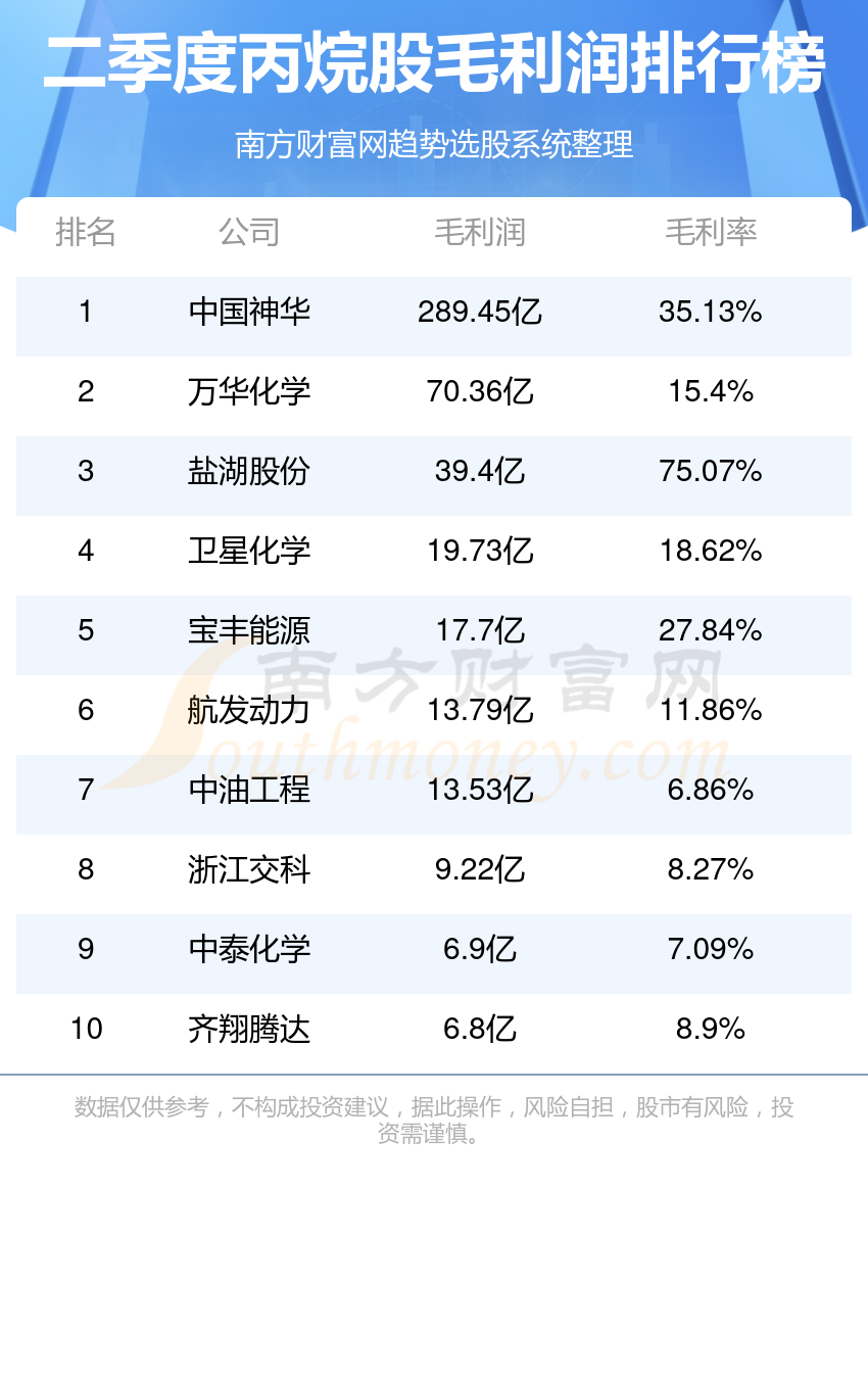 丙烷十强公司是哪几家_第二季度股毛利润排行榜