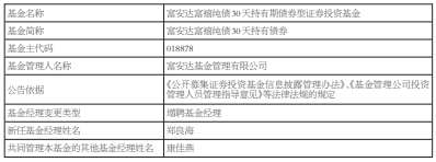 >富安达富禧纯债30天持有债券增聘基金经理郑良海