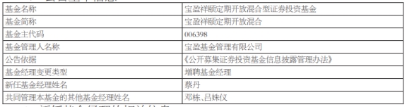 >宝盈基金2只混基增聘基金经理蔡丹