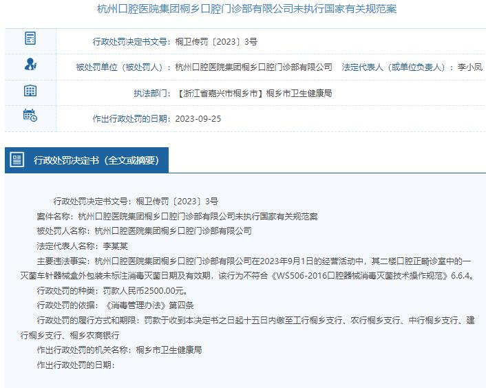 杭州口腔医院集团桐乡口腔门诊部被罚 为通策医疗旗下