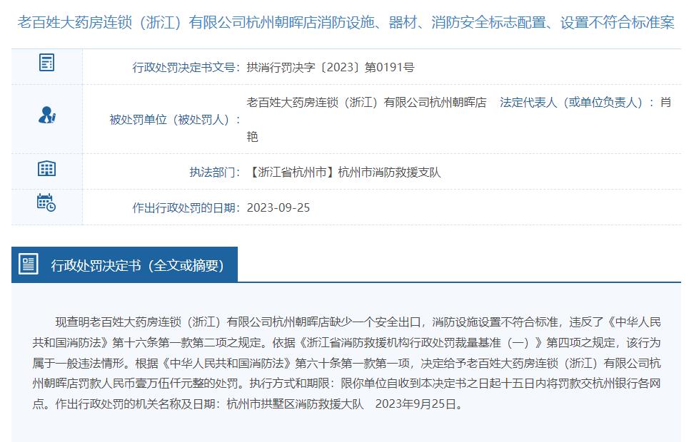 老百姓大药房杭州某门店被罚 消防设施设置不符合标准