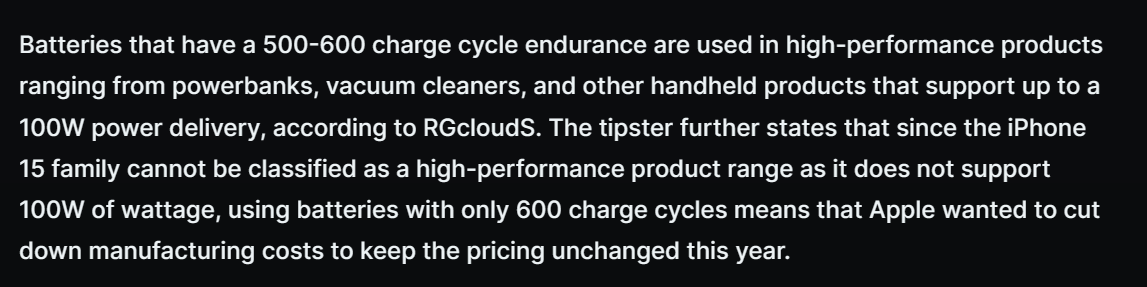 消息称苹果iPhone 15/Plus手机采用“更便宜的电池”：充电循环仅600次，老化更快