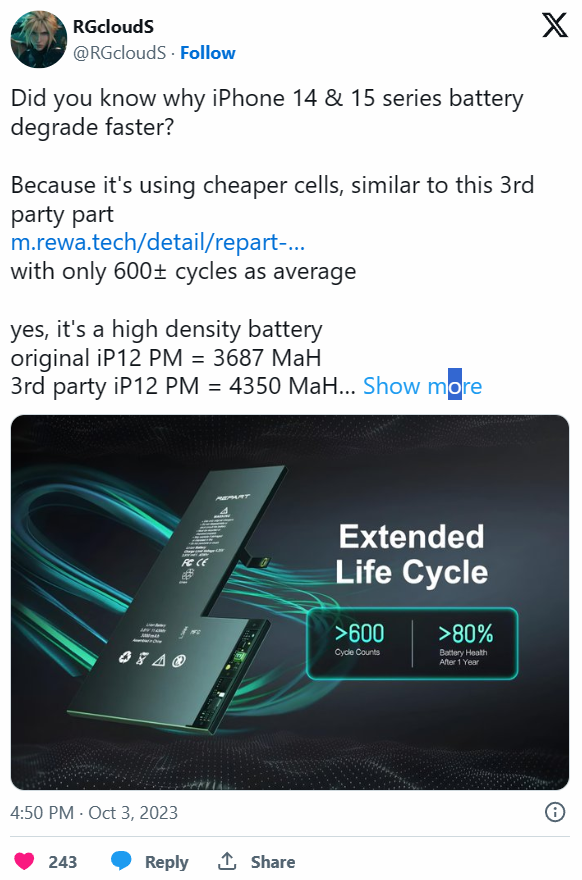 消息称苹果iPhone 15/Plus手机采用“更便宜的电池”：充电循环仅600次，老化更快