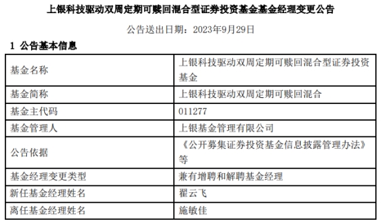 >上银科技驱动双周定期可赎回基金经理变更 年内亏34%