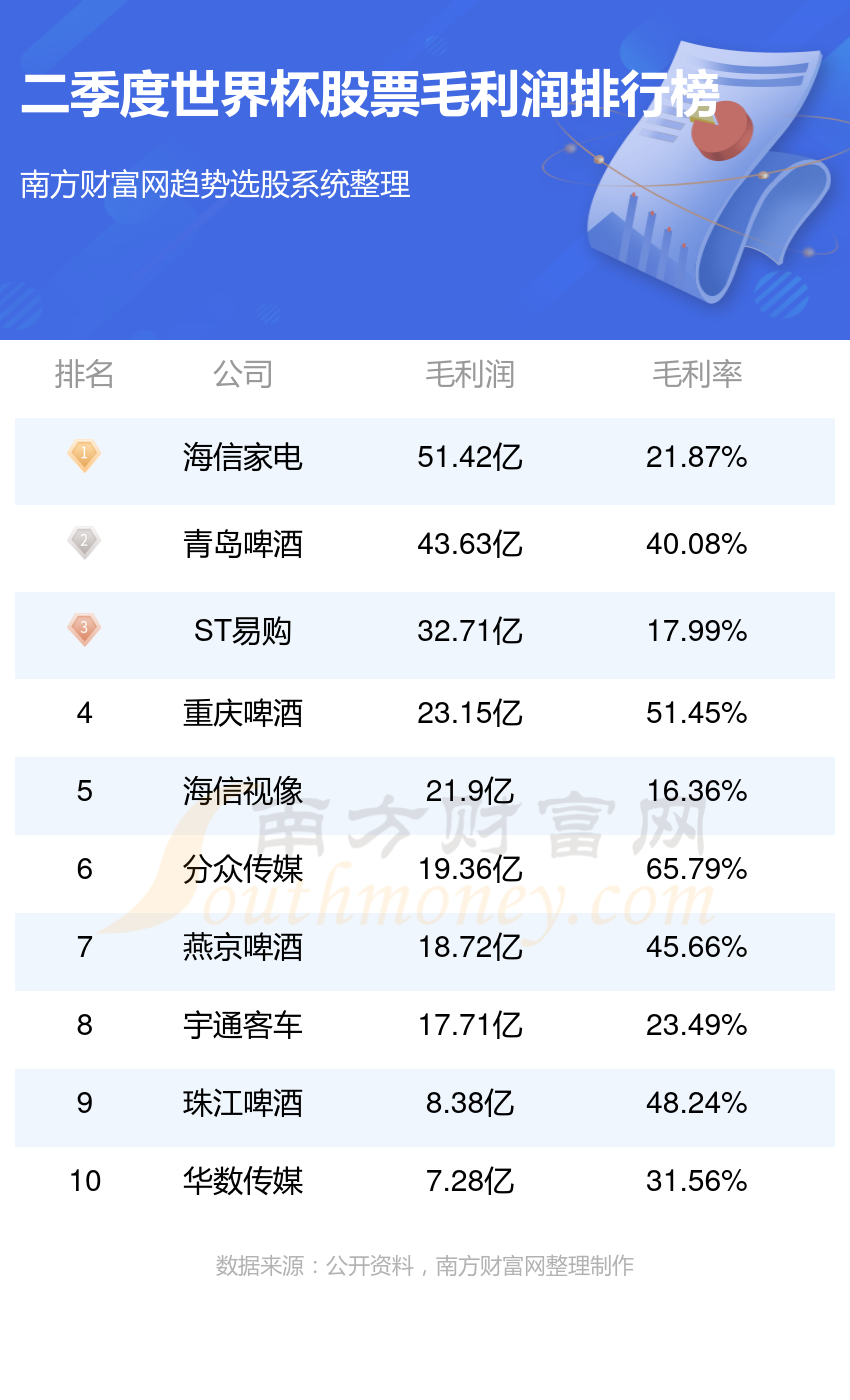 世界杯企业前十名_2023年第二季度股票毛利润排行榜