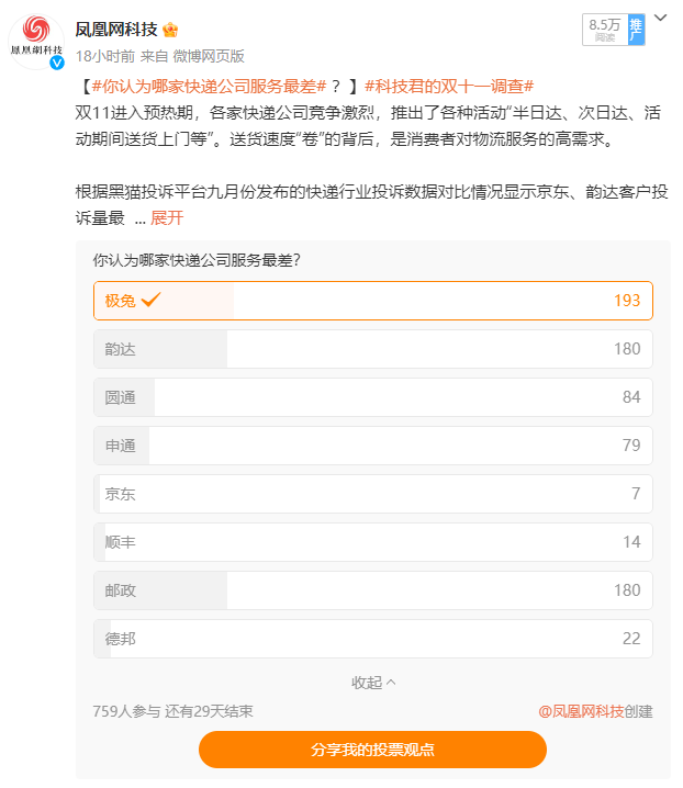 哪家快递公司服务最差？极兔、韵达、邮政被票选前三