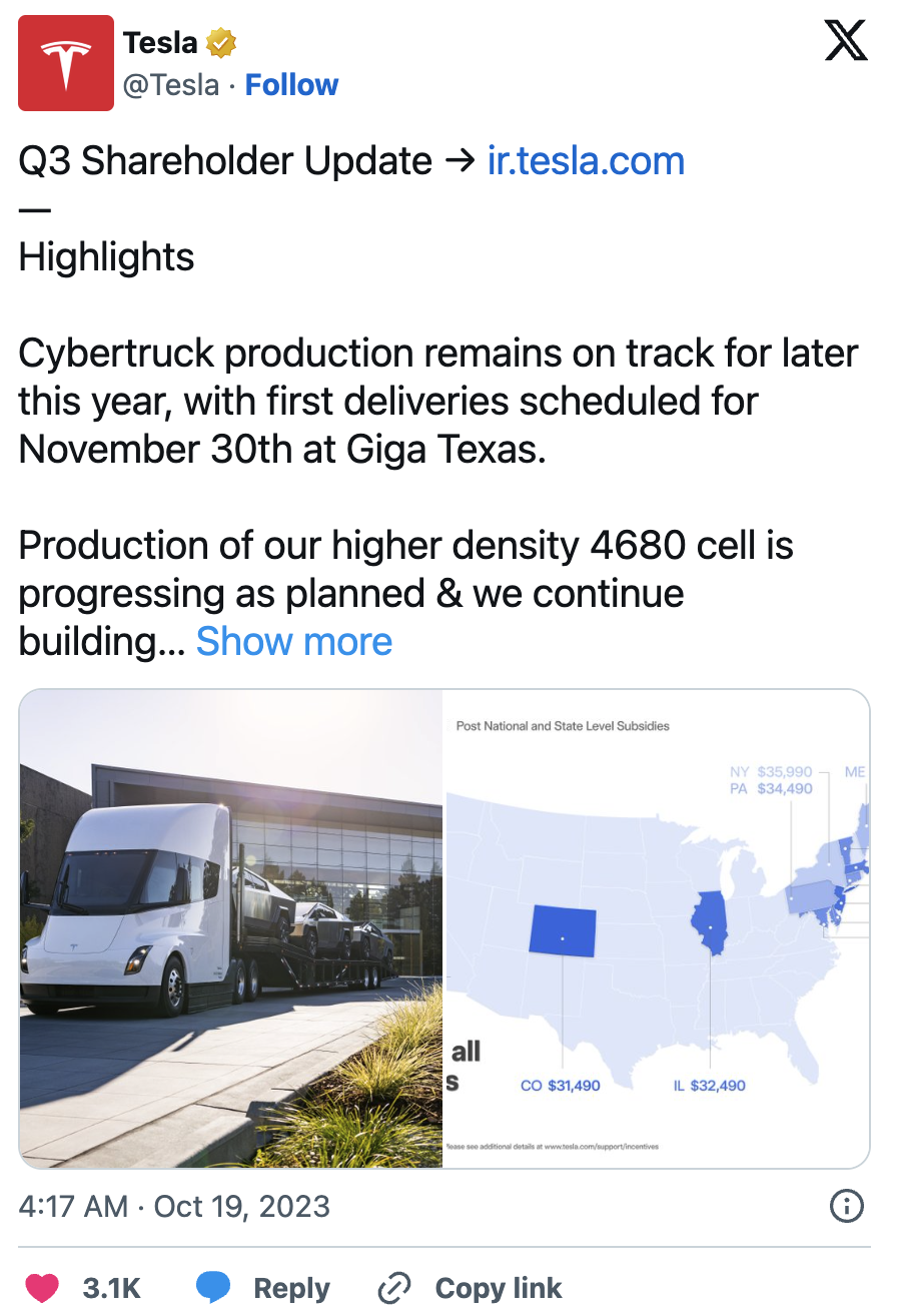 特斯拉Q3净利润几乎腰斩 Cybertruck交付时间确认