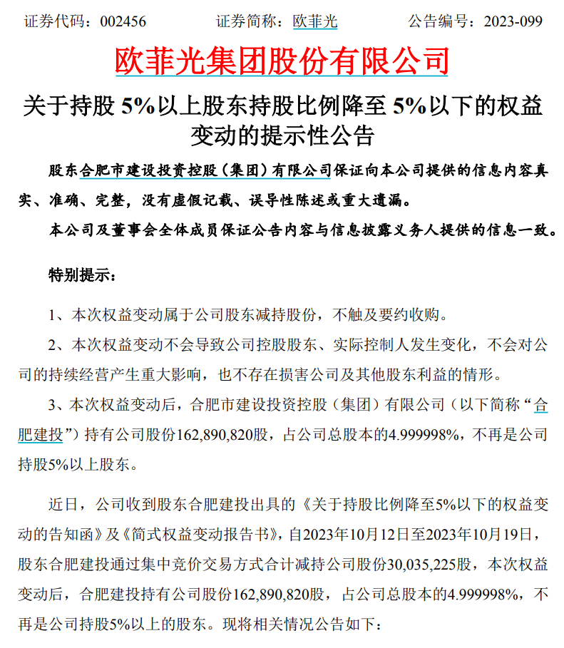 突发！欧菲光遭国资股东减持3000多万股，什么情况？