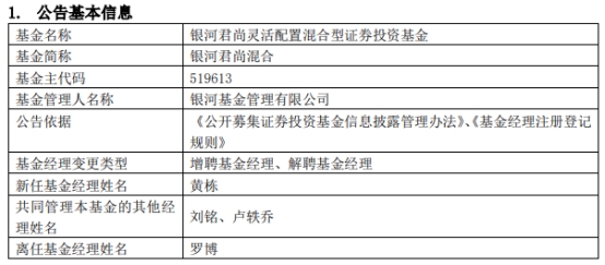 银河君尚混合增聘基金经理黄栋 罗博离任