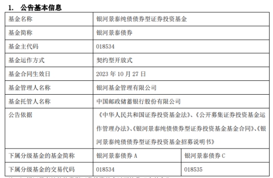 >银河景泰债券成立 基金规模61亿