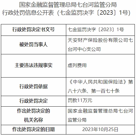 天安财险七台河中心支公司虚列费用被罚