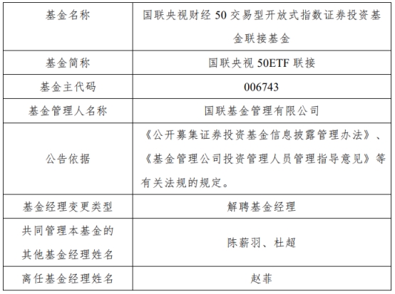 国联基金赵菲离任6只基金