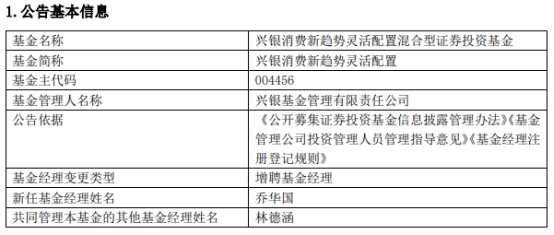 >兴银消费新趋势灵活配置增聘基金经理乔华国