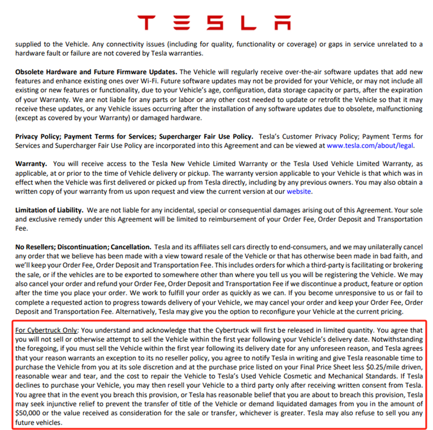 >Cybertruck问世前最后准备？特斯拉特别规定一年内不得转售他人