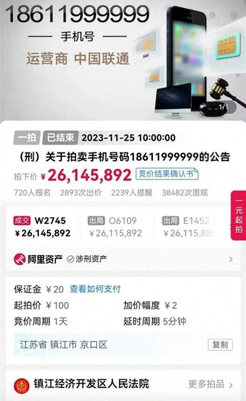 >18611999999，拍出超2614万元