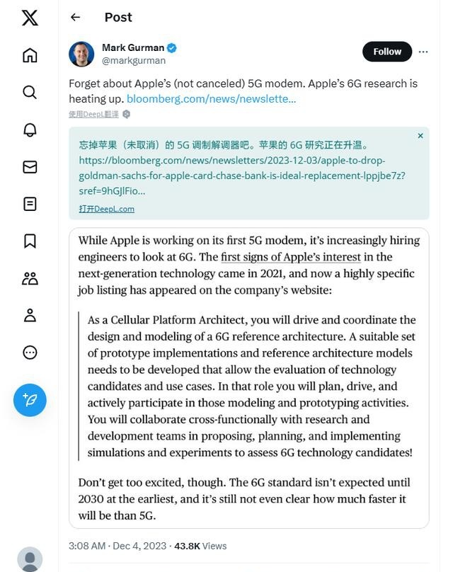 古尔曼：苹果公司正将更多注意力转向6G研发